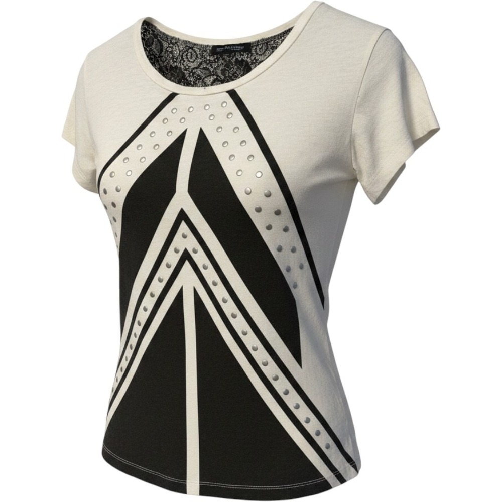 Express Studded Lace Back Top Womens M Ivory Black Chevron